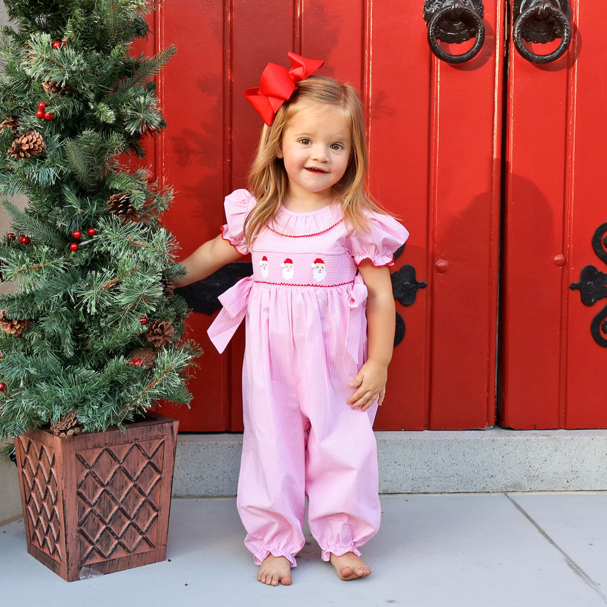 Happy Santa Smocked Pink Gingham Beverly Long Bubble