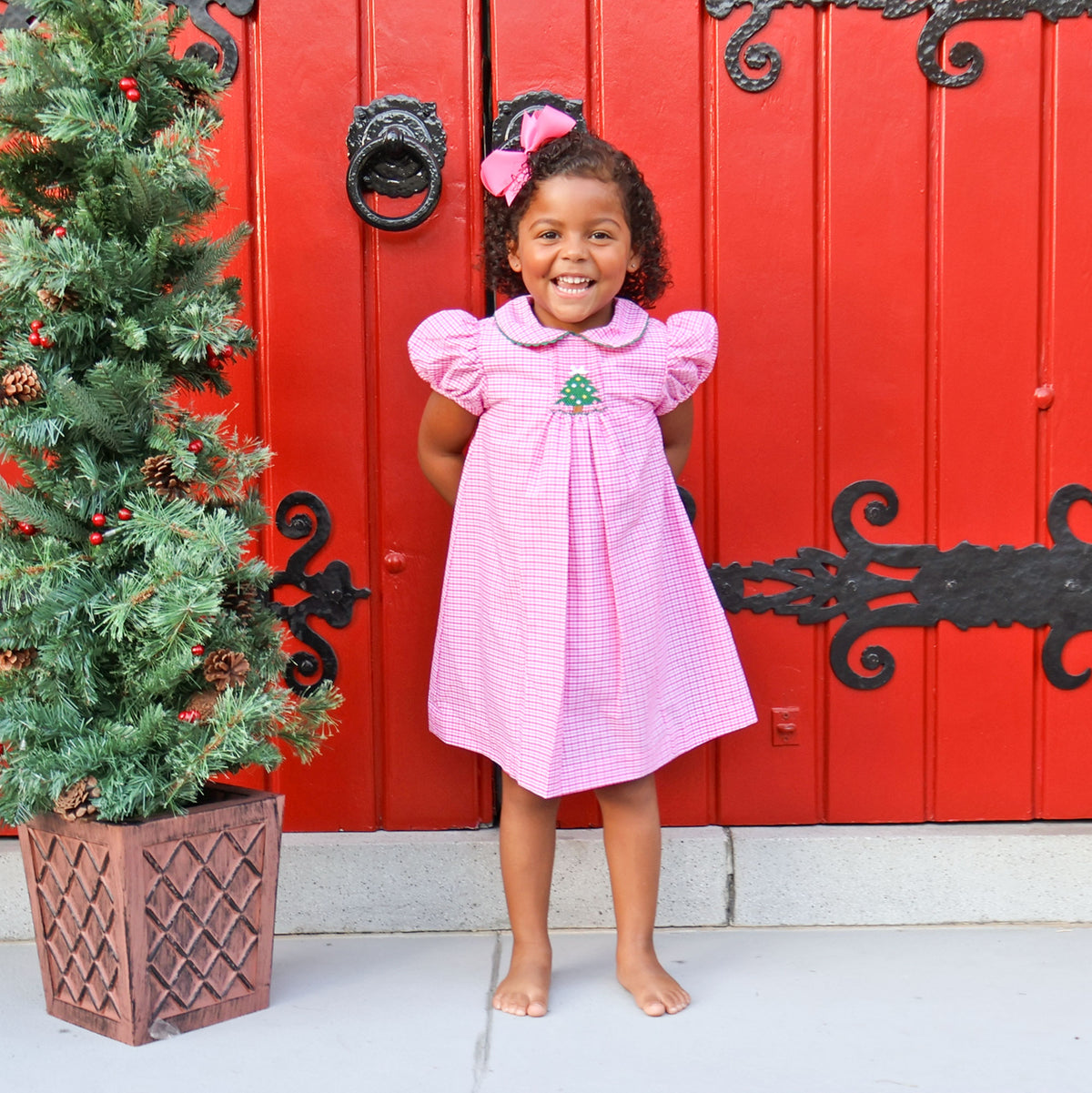 Christmas Tree Sparkle Pink Plaid Single Smocked Dress