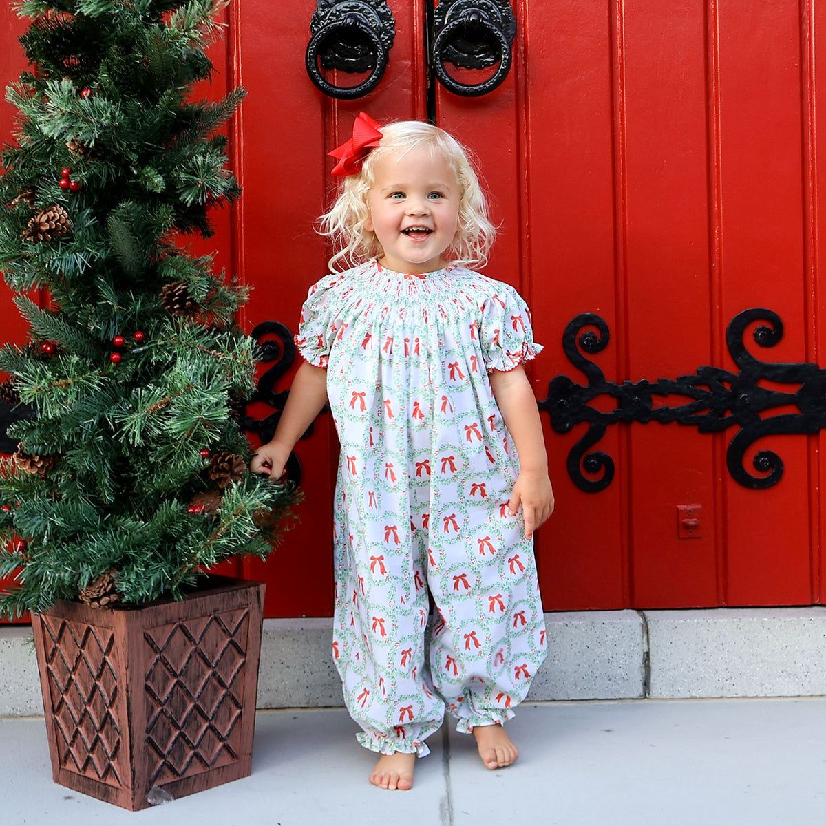 Bow Wreath Smocked Long Bubble
