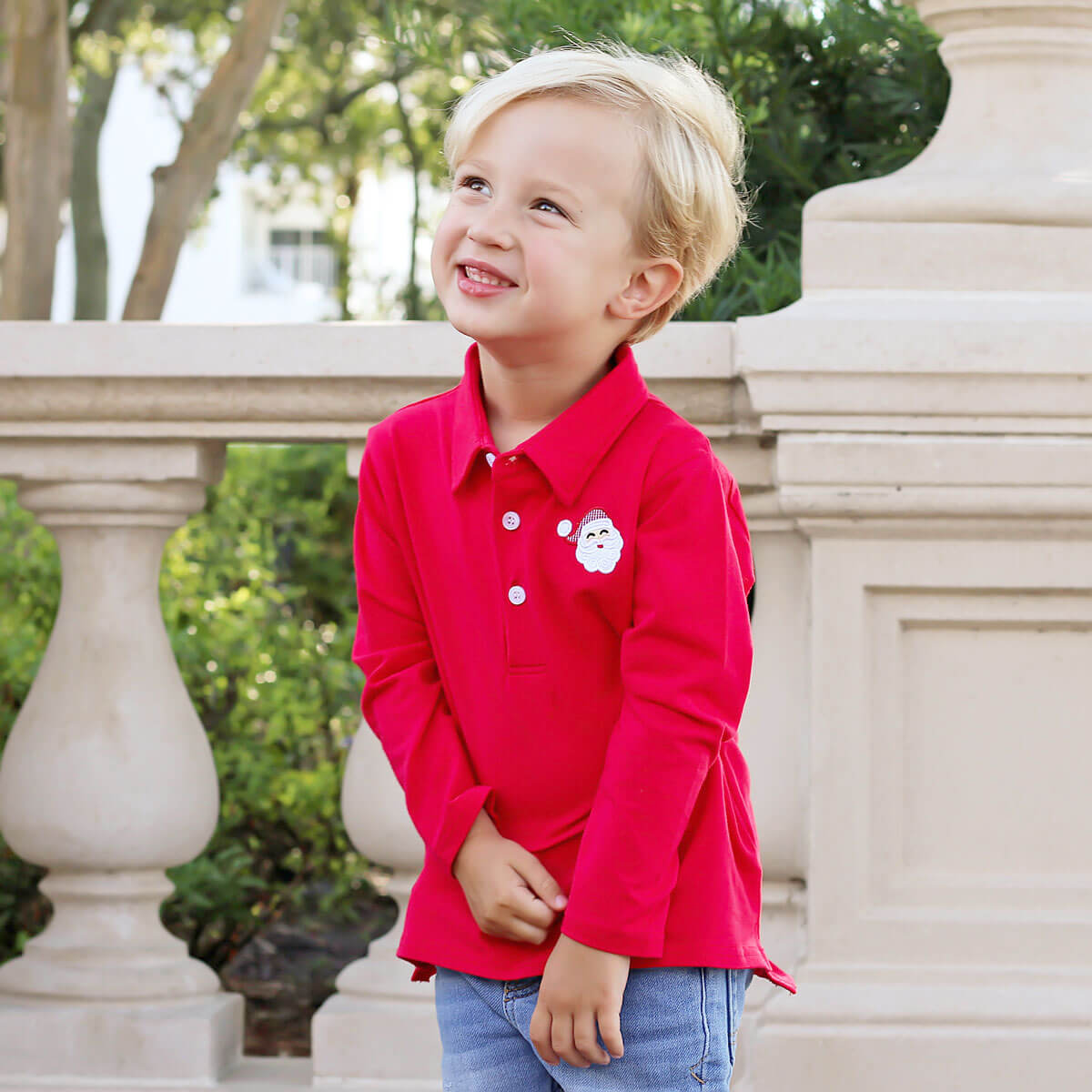 Happy Santa Red Long Sleeve Polo