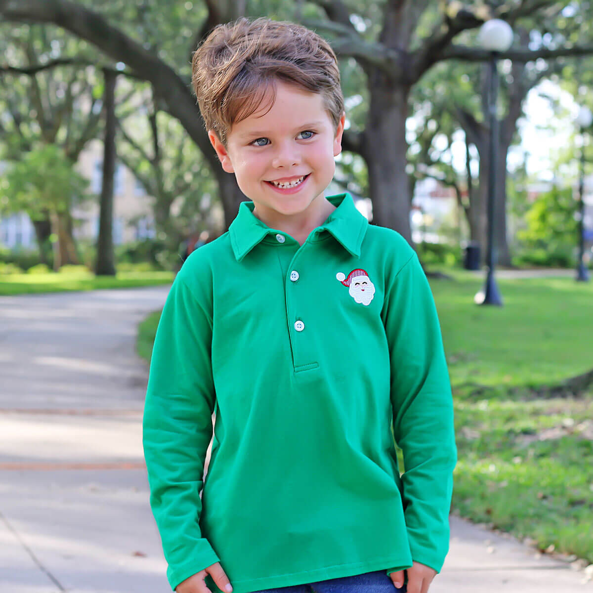 Happy Santa Green Long Sleeve Polo