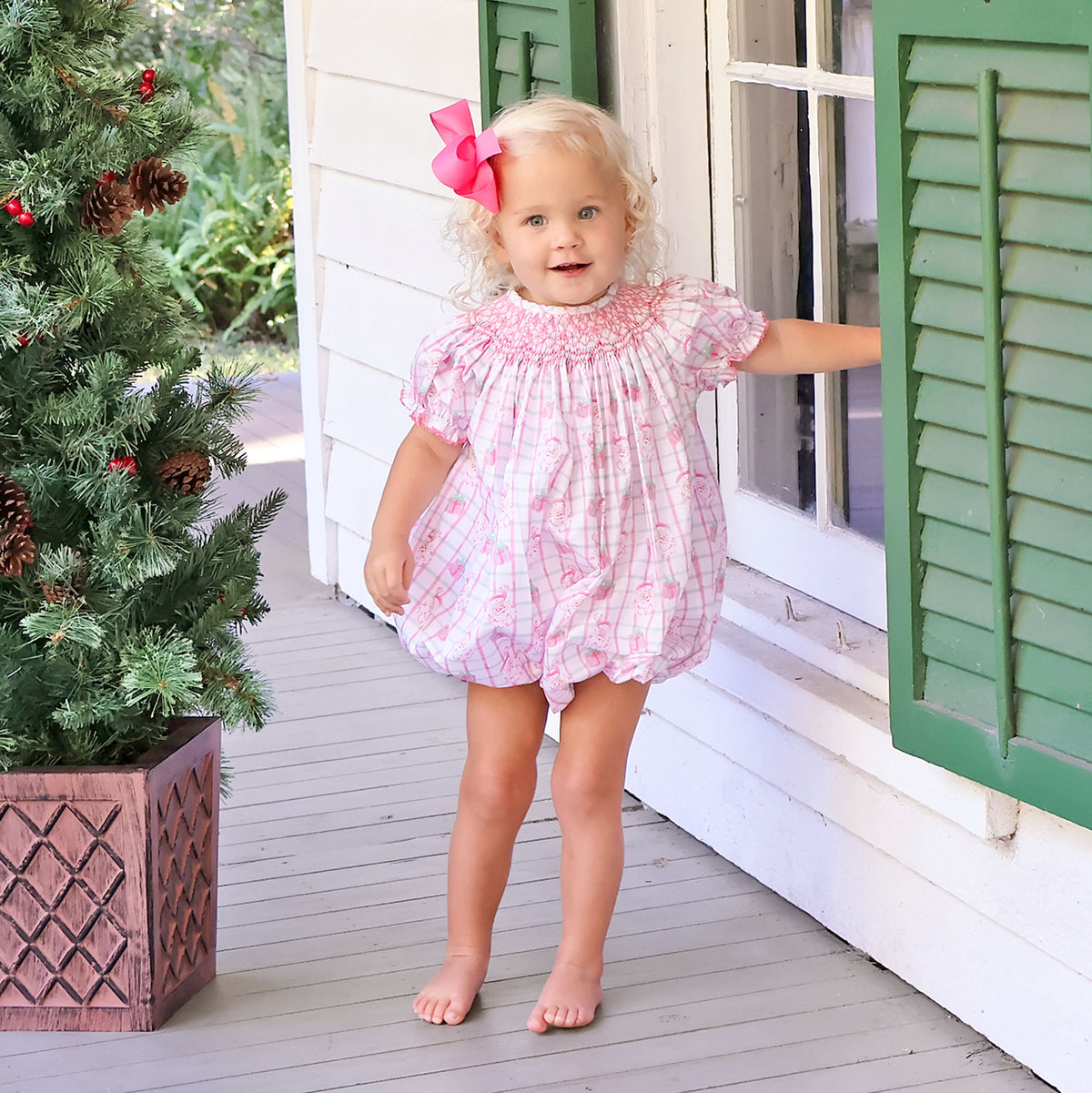 Santa's Present Pink Plaid Smocked Bishop Bubble