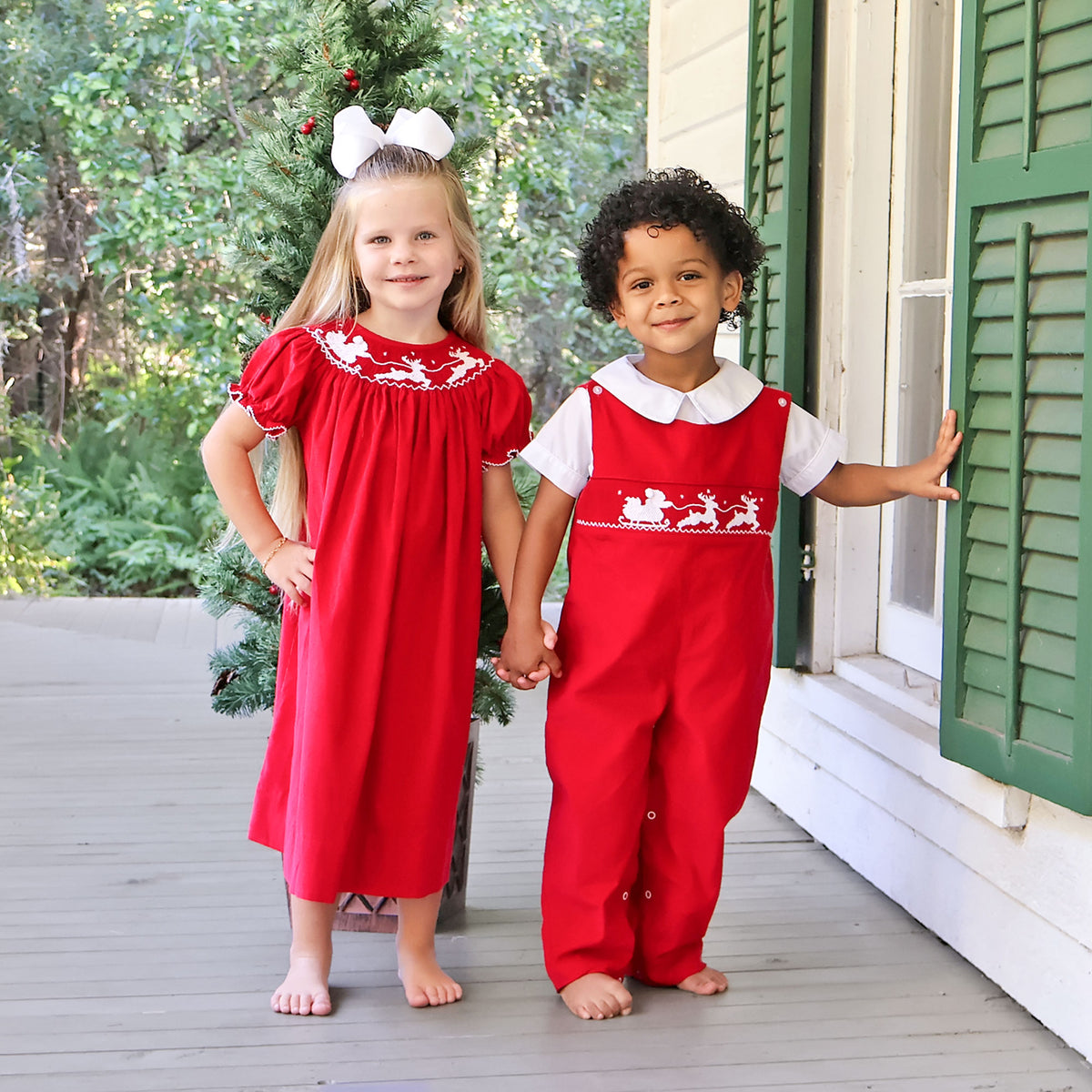 Santa's Sleigh Smocked Red Corduroy Longall