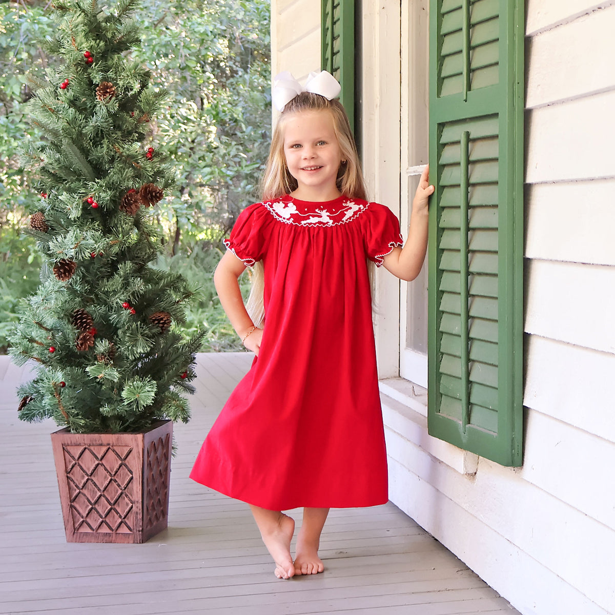 Santa's Sleigh Smocked Red Corduroy Bishop Dress