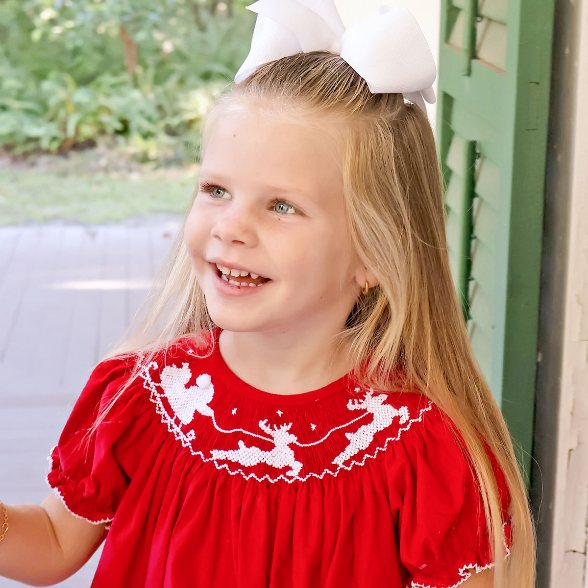 Santa's Sleigh Smocked Red Corduroy Bishop Dress