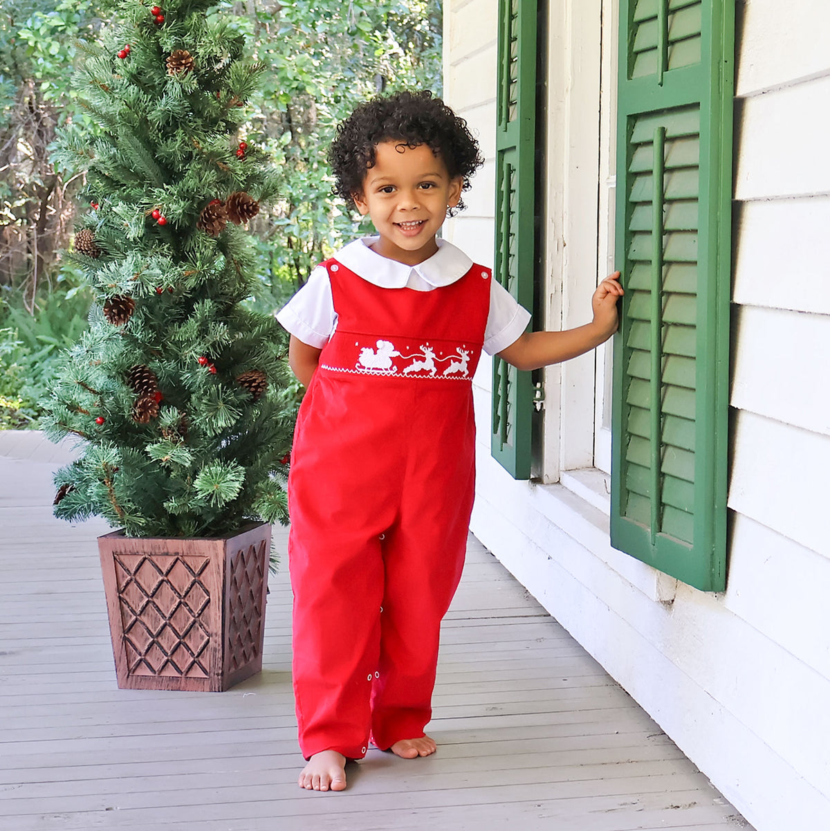 Santa's Sleigh Smocked Red Corduroy Longall