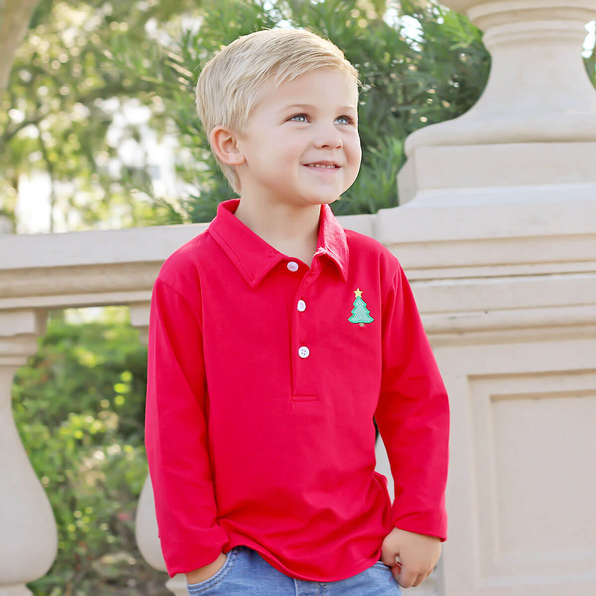 Christmas Tree Red Long Sleeve Polo