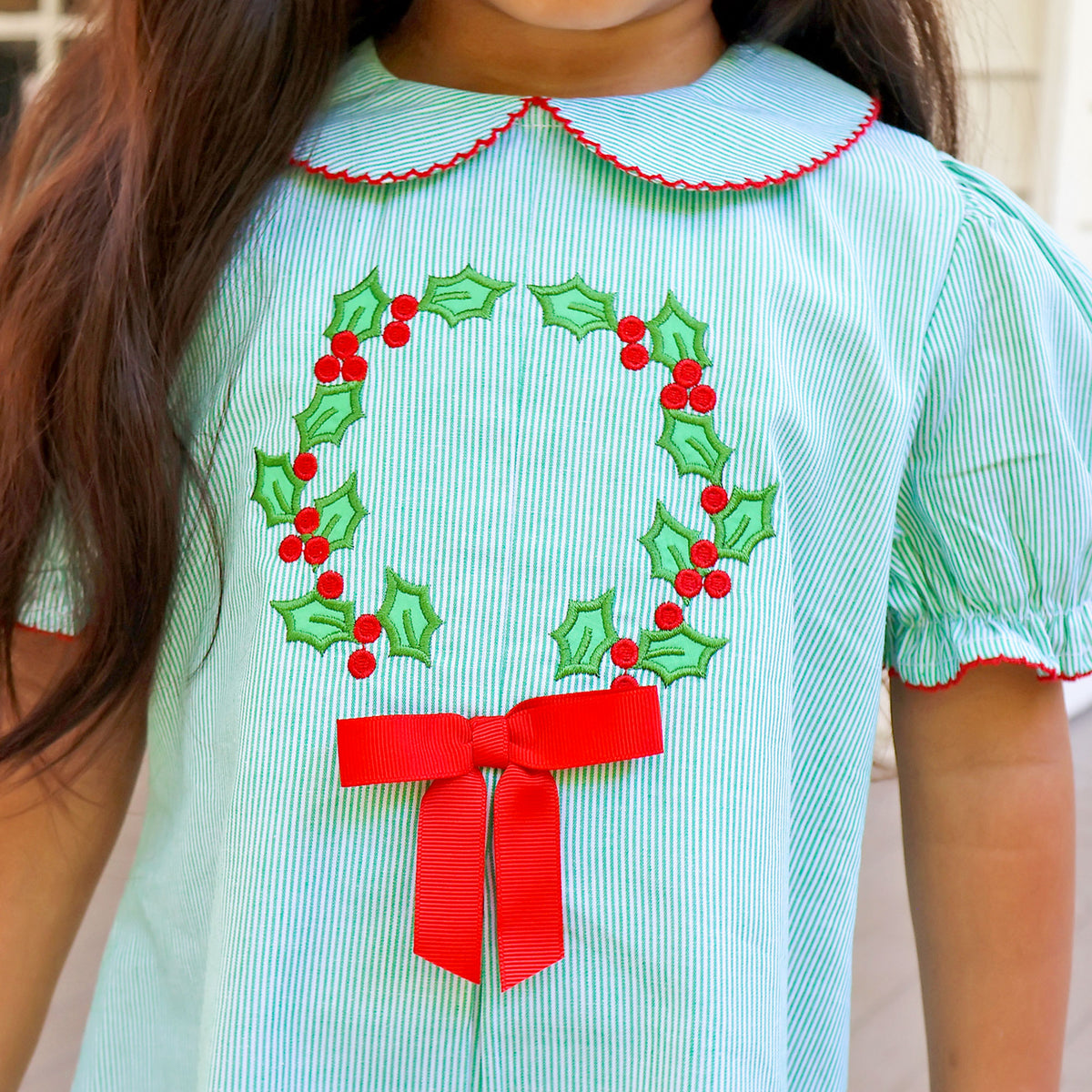 Christmas Wreath Green Stripe Claire Dress