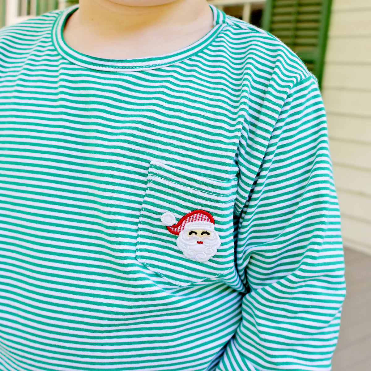Happy Santa Green Stripe Long Sleeve Pocket Shirt