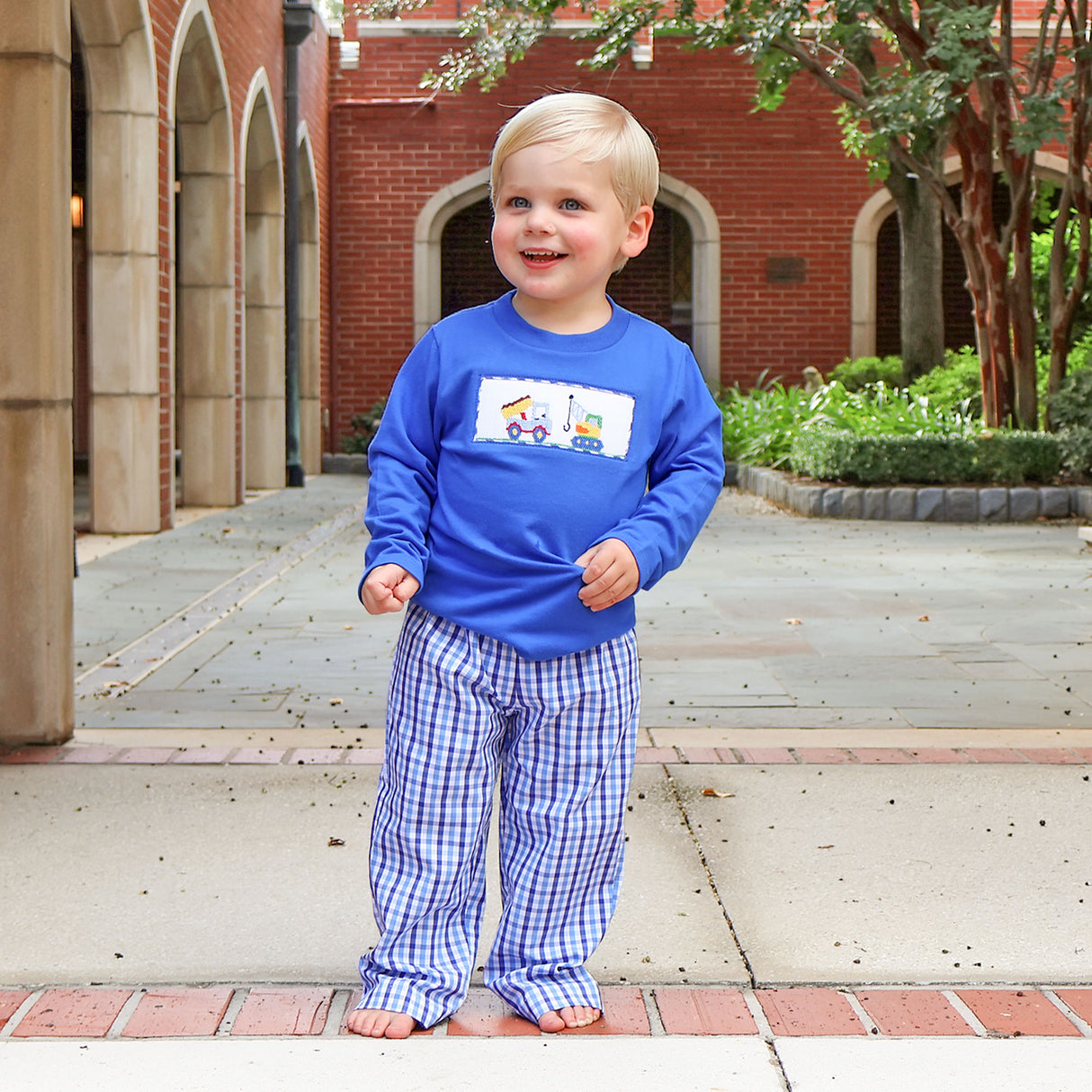 Construction Truck Smocked Blue Plaid Pant Set