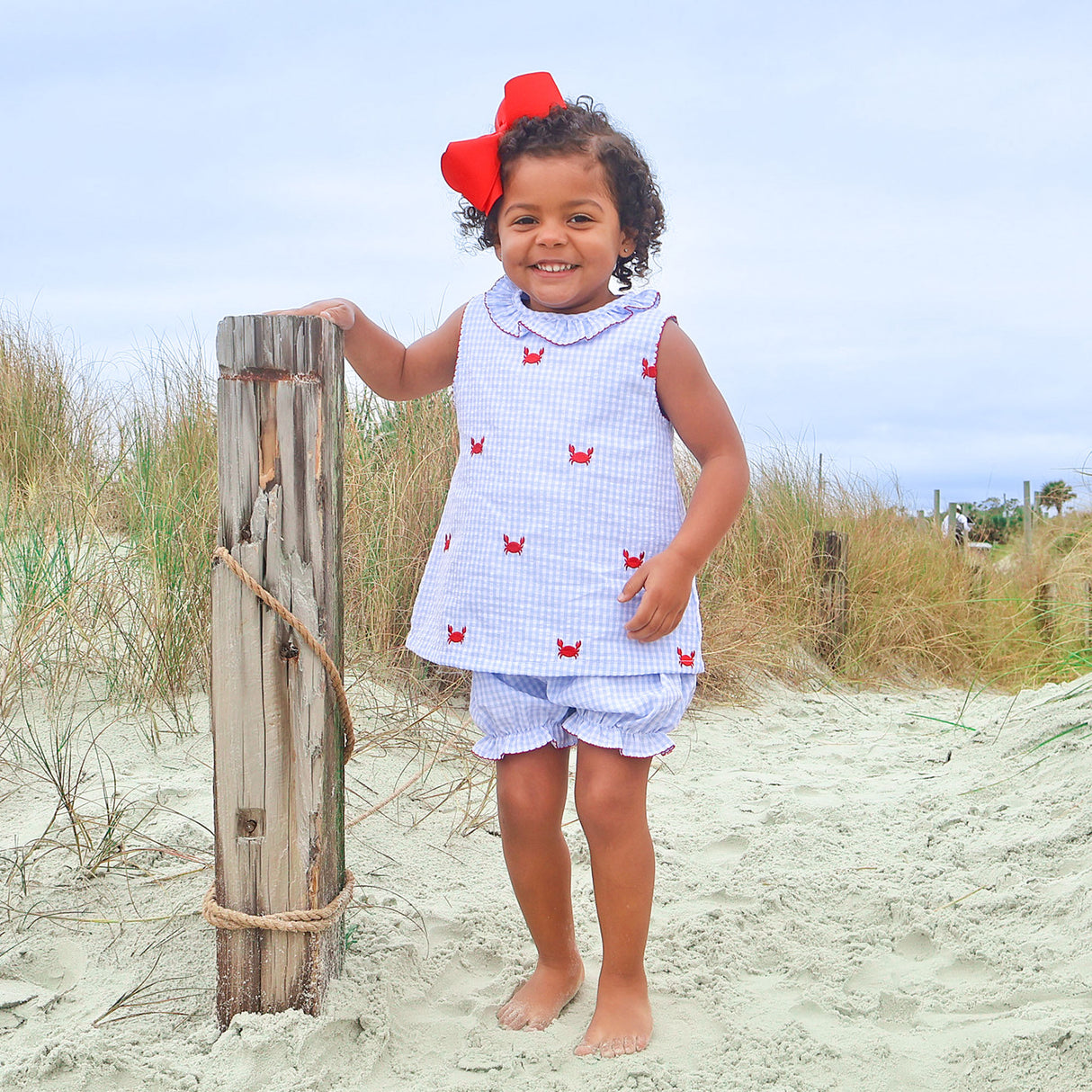 Crab Schiffli Blue Gingham Ruffle Collared Bloomer Set