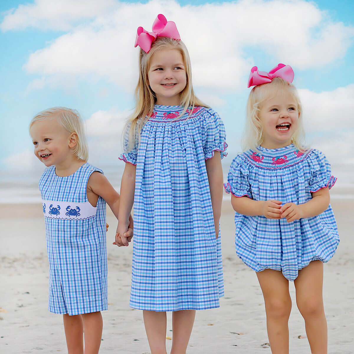 Crab Smocked Blue Plaid Dress