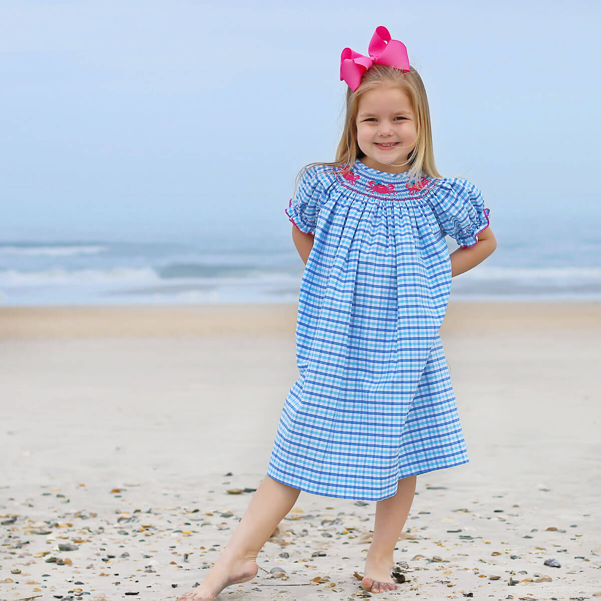 Crab Smocked Blue Plaid Dress