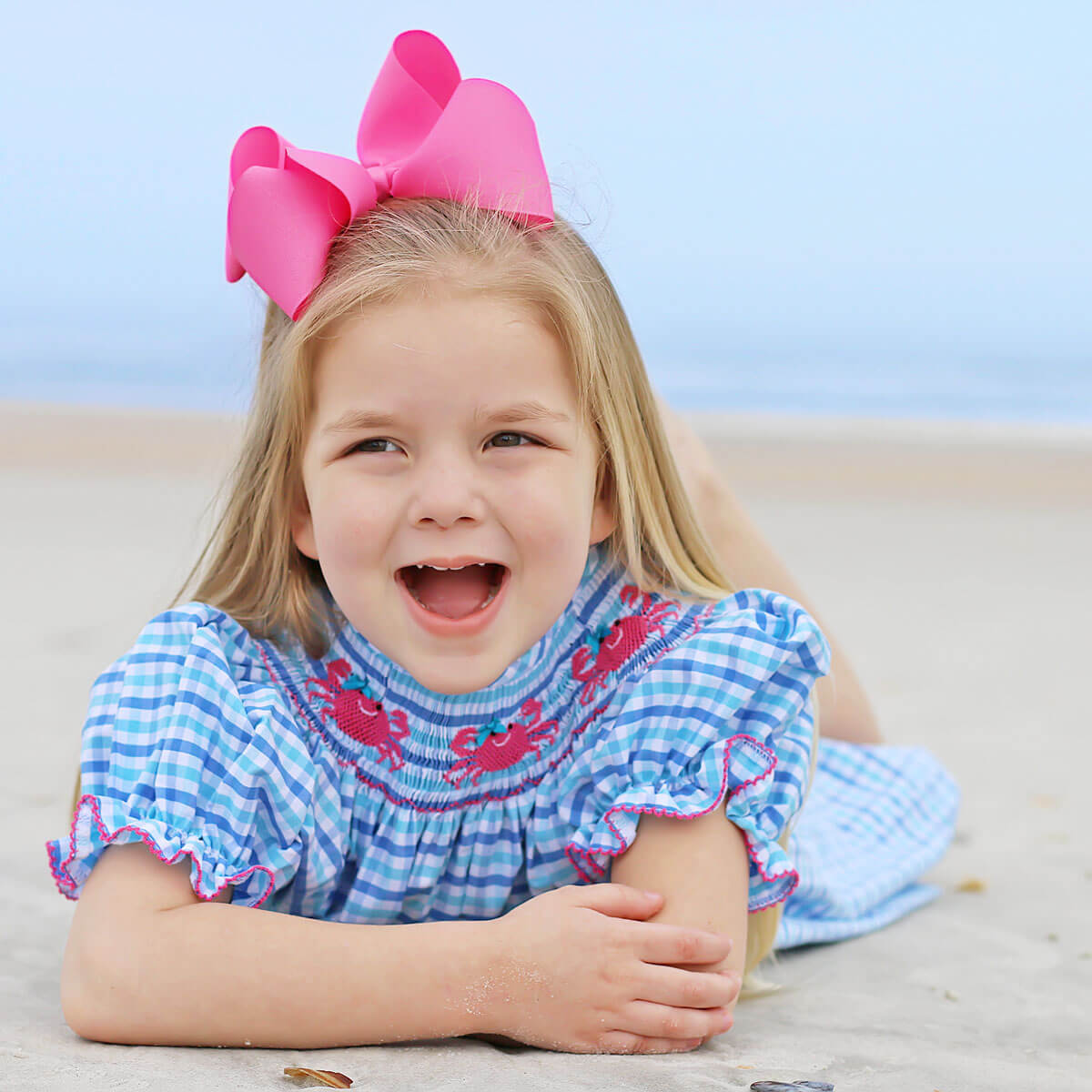 Crab Smocked Blue Plaid Dress