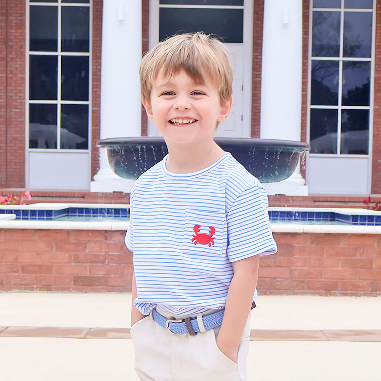 Coastal Crab Blue Stripe Short Sleeve Pocket Shirt
