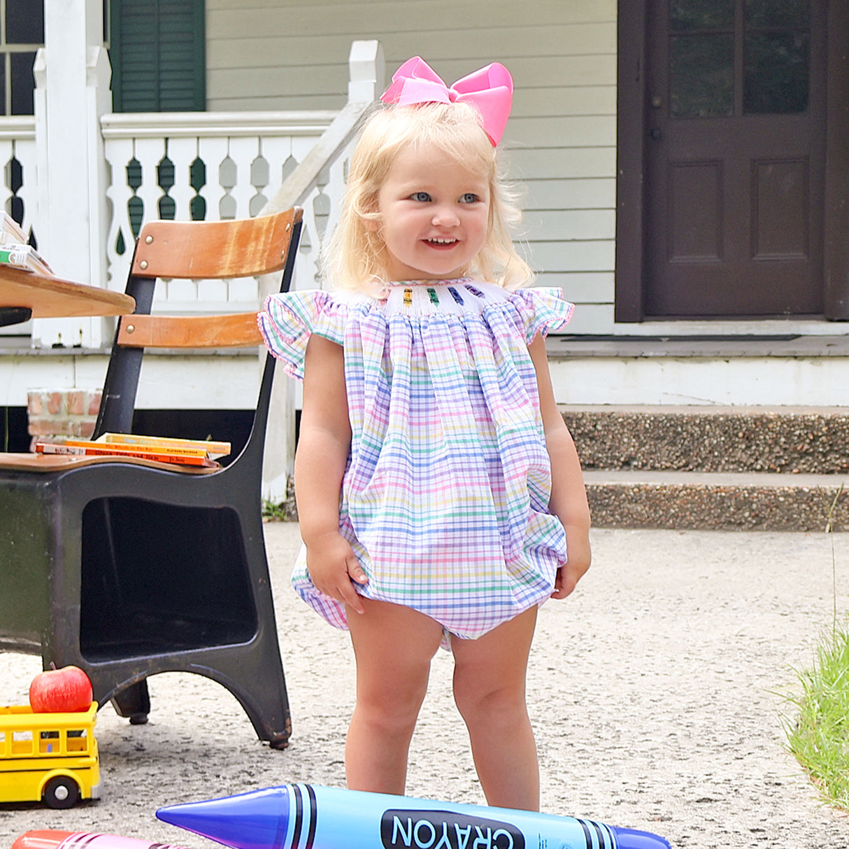 Crayon Smocked Colorful Plaid Angel Sleeve Bubble