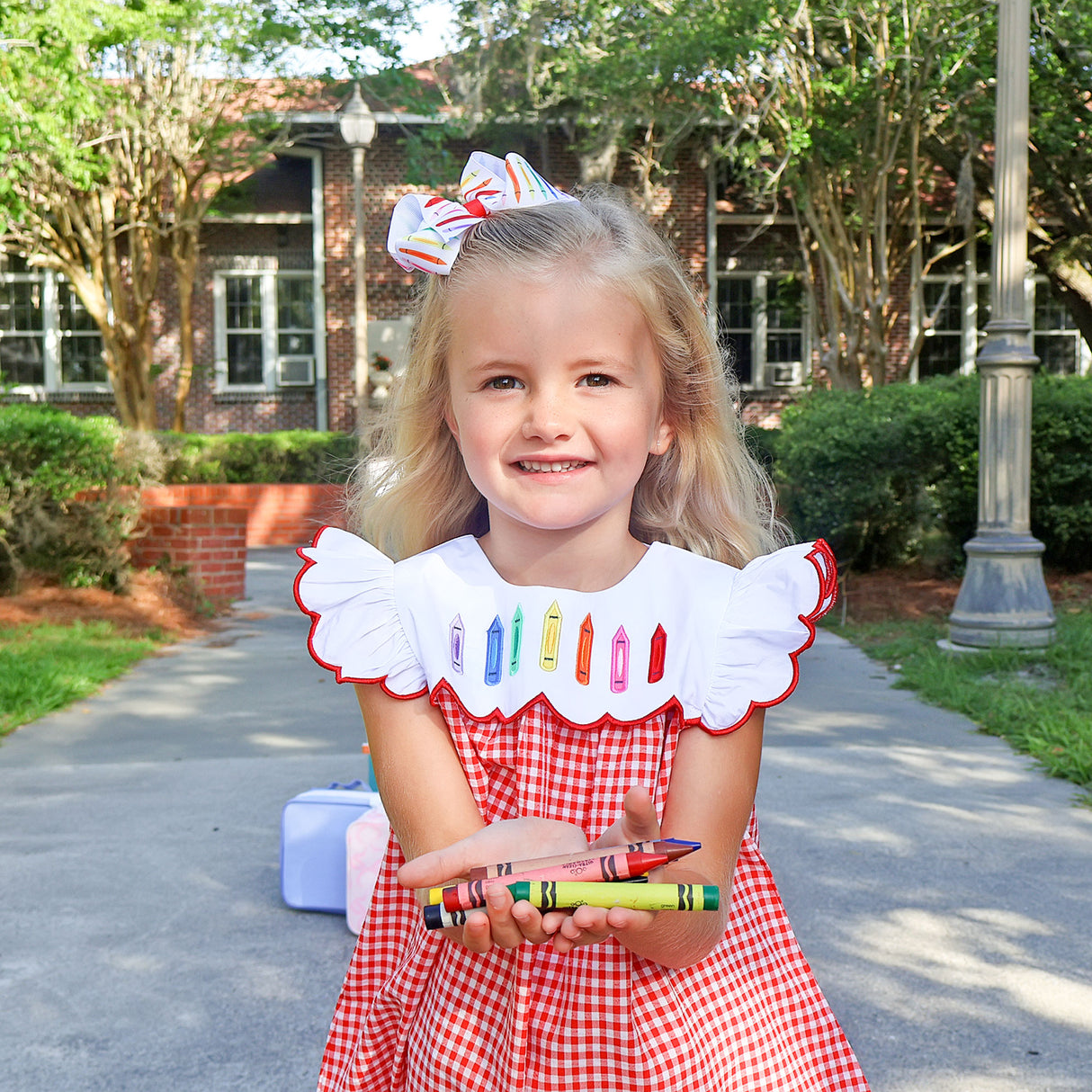 Rainbow Crayon Red Gingham Amelia Dress