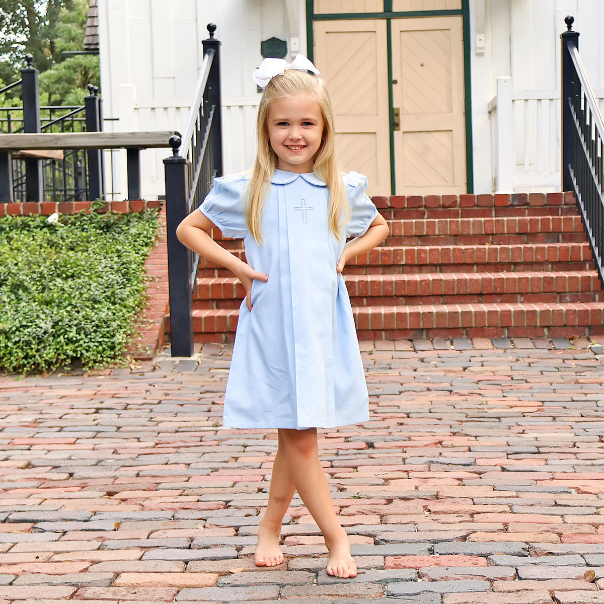 Cross Embroidered Light Blue Pleated Dress