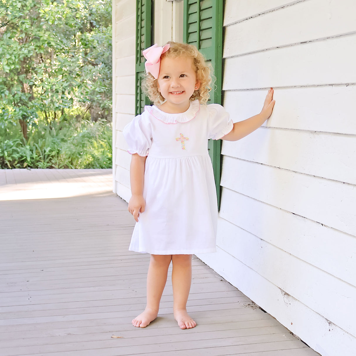 Cross Floral Embroidered White Collared Dress