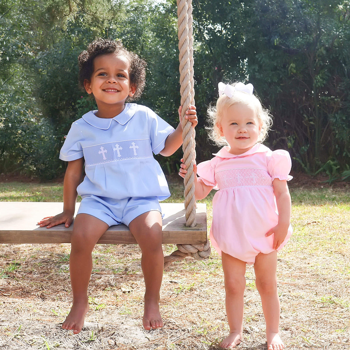 Cross Smocked Light Blue Pique Collared Romper