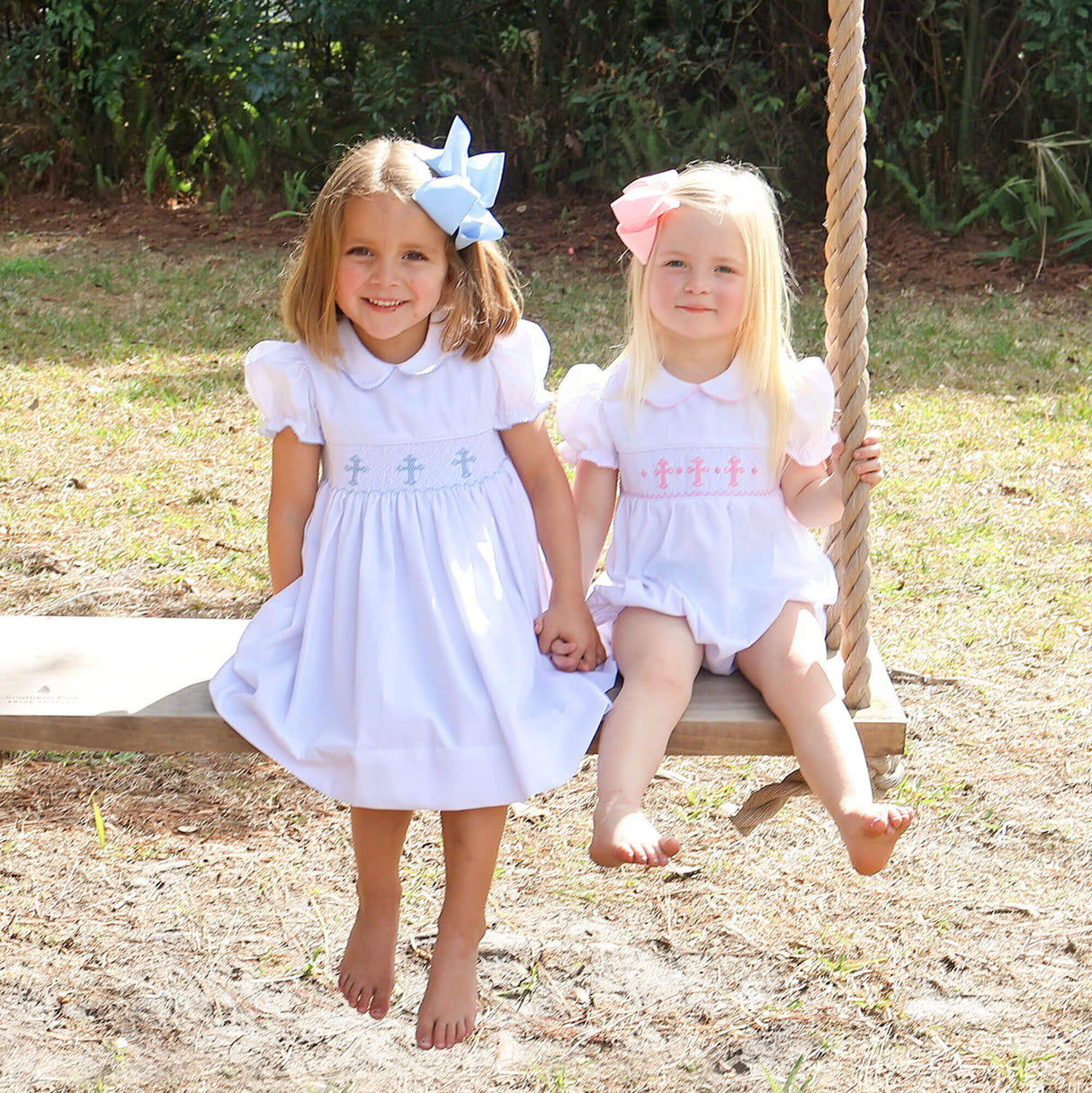 Blue Cross Smocked White Pique Collared Dress