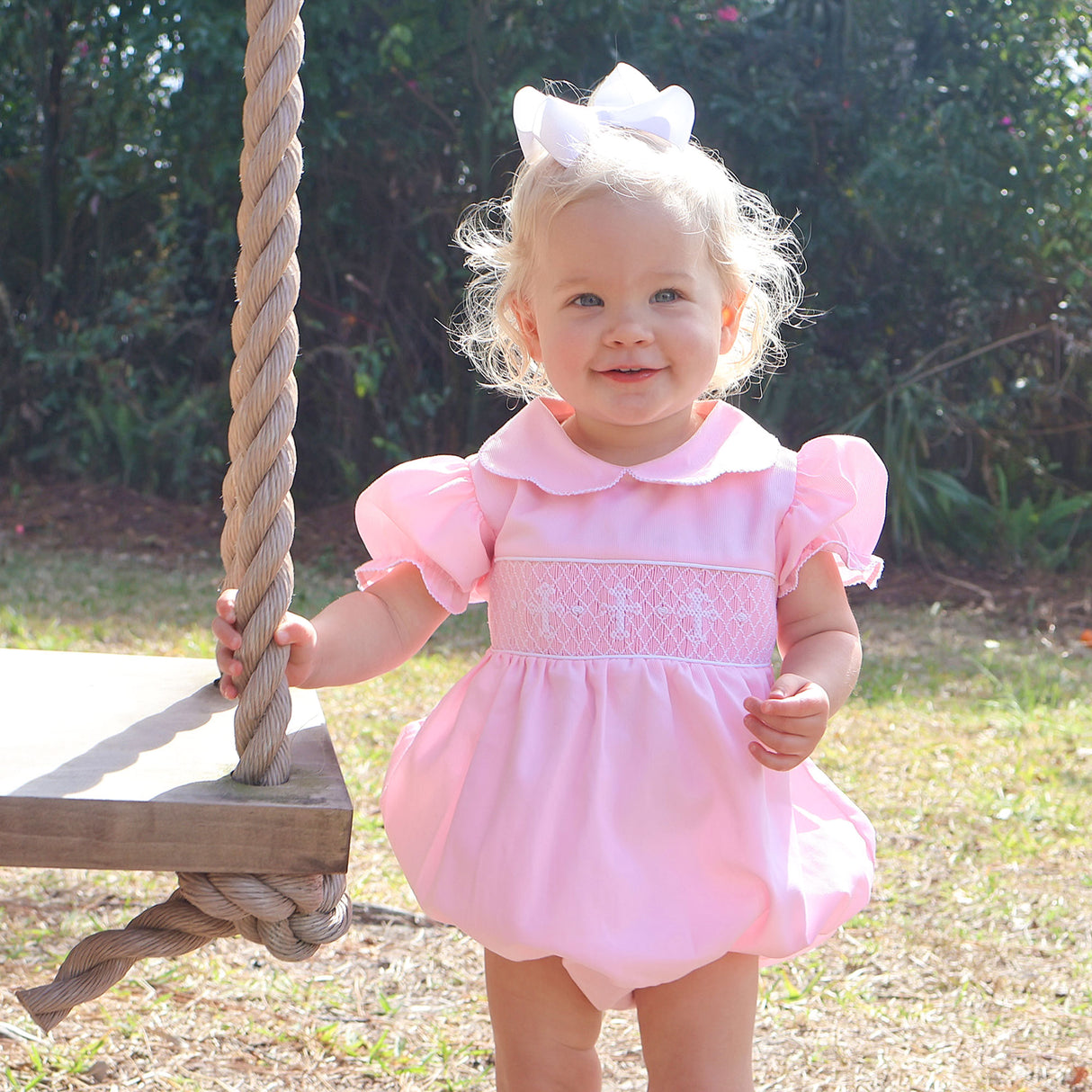 Cross Smocked Pink Pique Collared Bubble