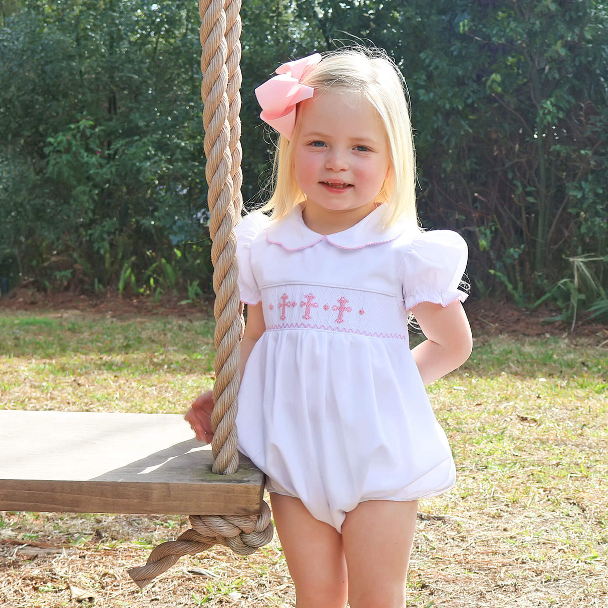 Pink Cross Smocked White Pique Collared Bubble