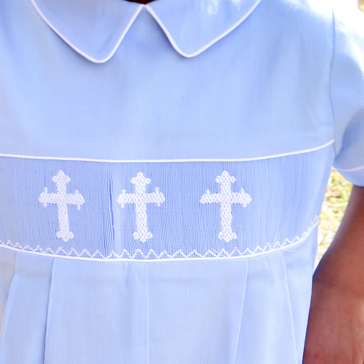 Cross Smocked Light Blue Pique Collared Romper