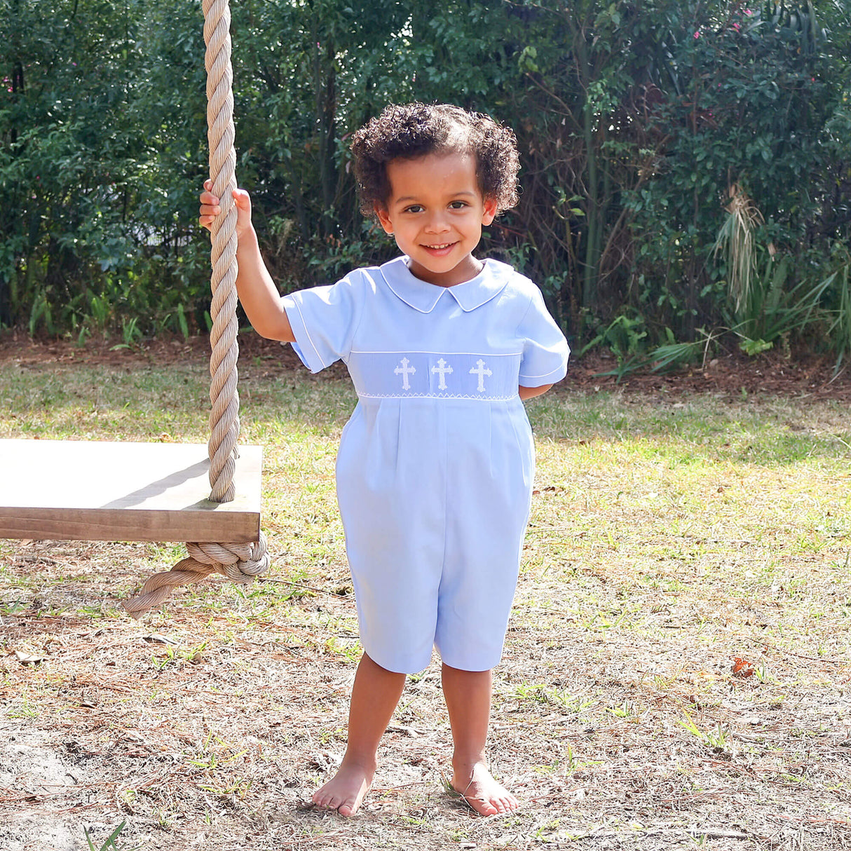 Cross Smocked Light Blue Pique Collared Romper