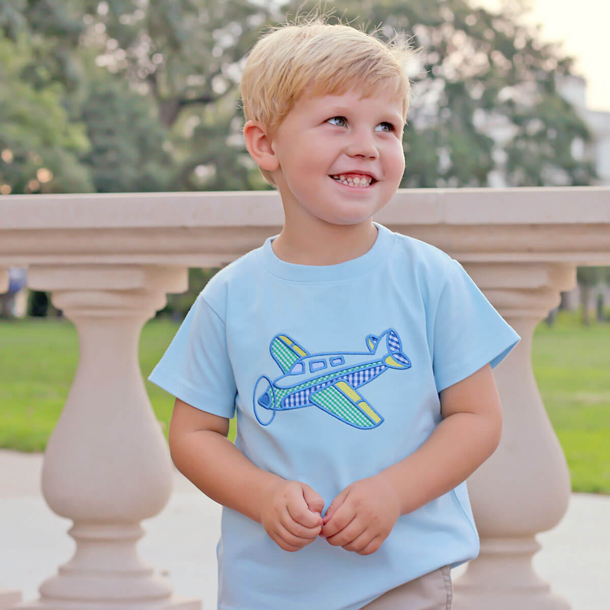 Airplane Applique Light Blue Short Sleeve Shirt
