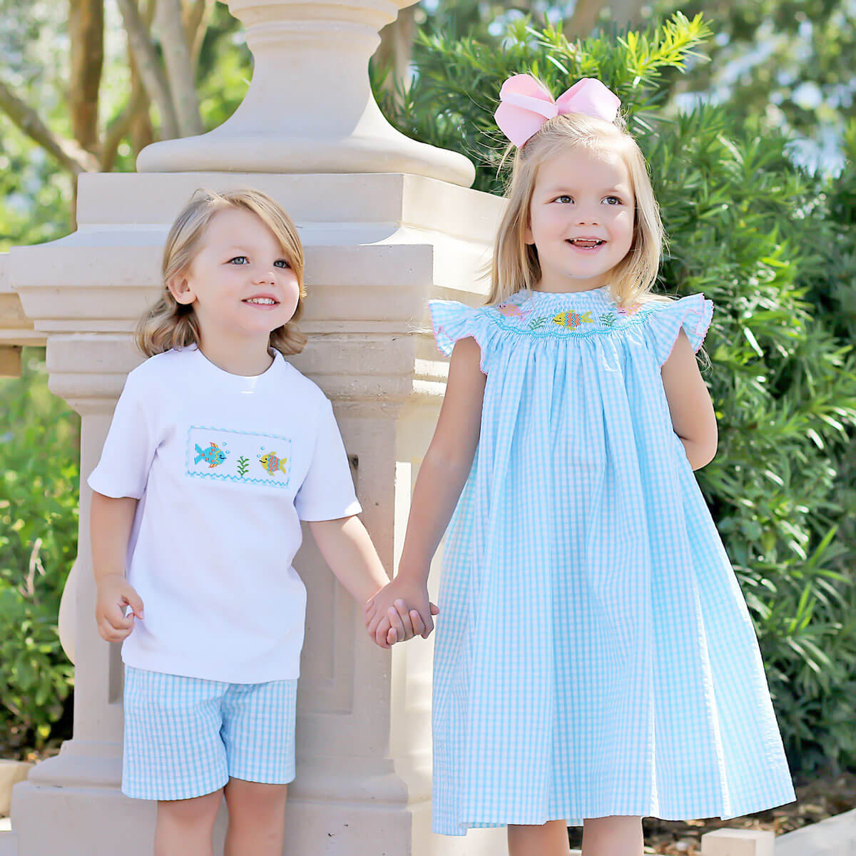 Fish Smocked Aqua Seersucker Short Set