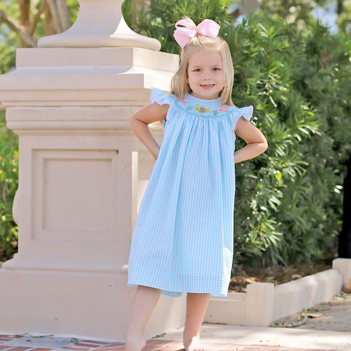 Fish Smocked Aqua Seersucker Dress