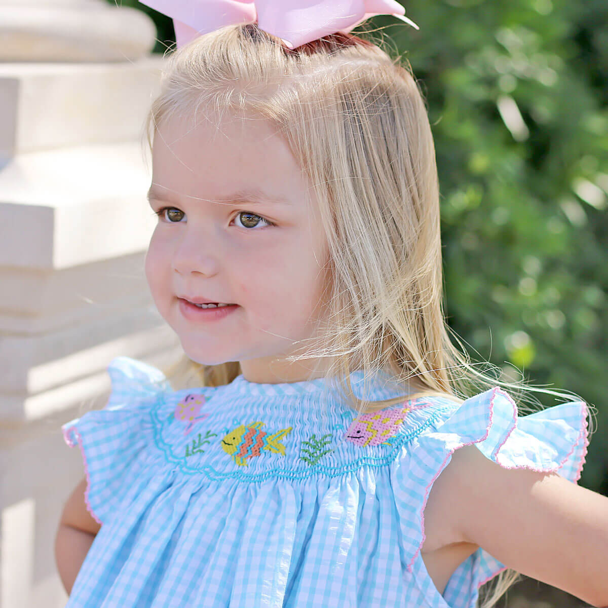 Fish Smocked Aqua Seersucker Dress