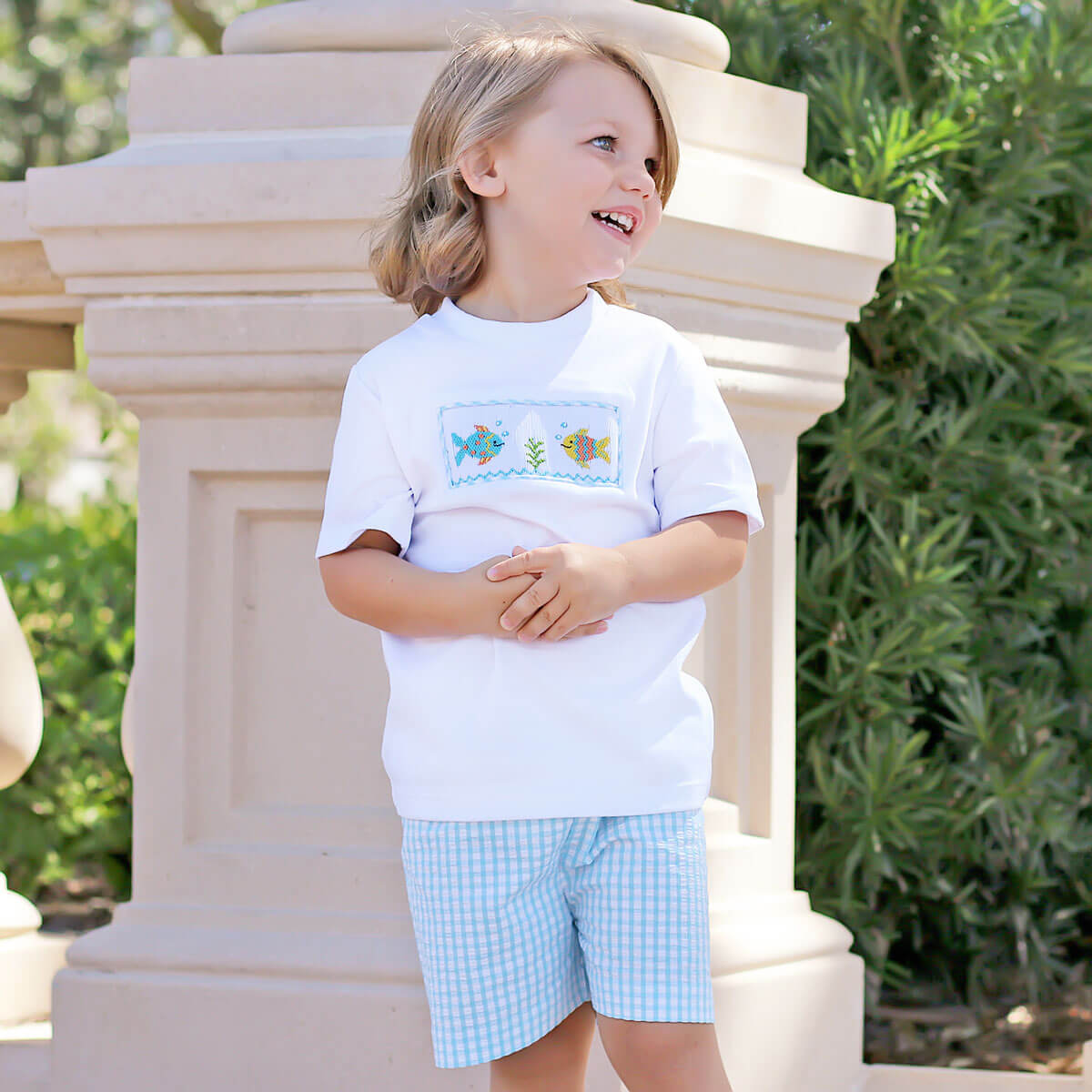 Fish Smocked Aqua Seersucker Short Set