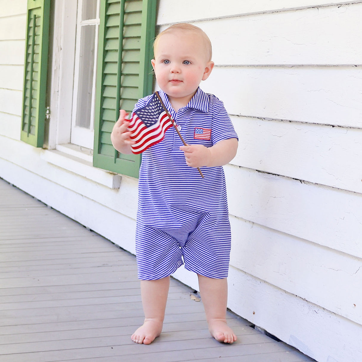 Patriotic Spirit Blue Stripe Polo Romper