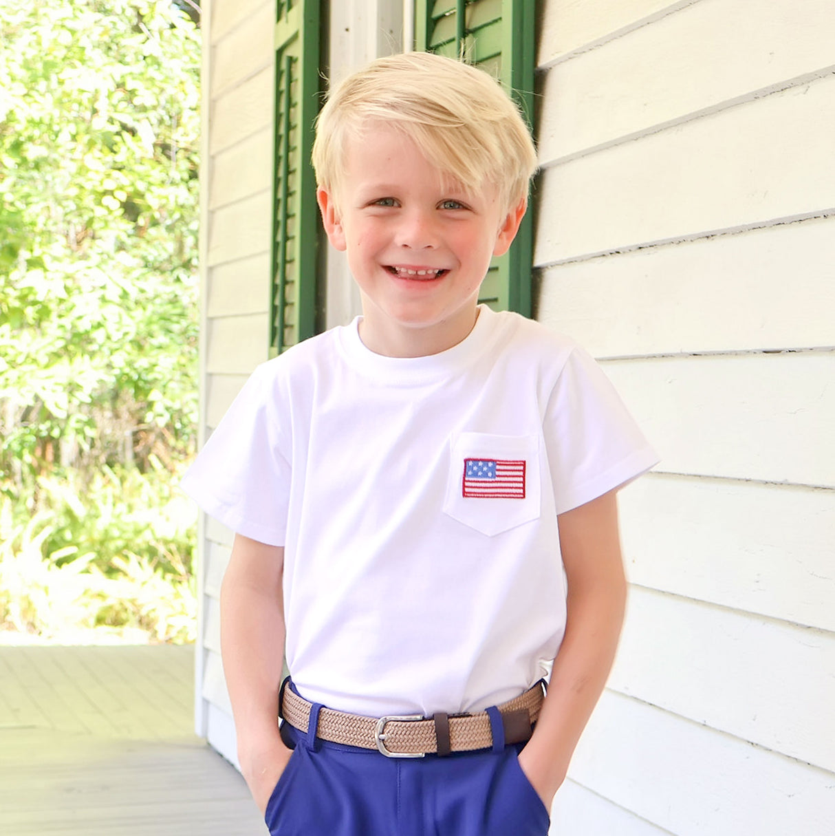Flag Embroidered White Short Sleeve Pocket Shirt