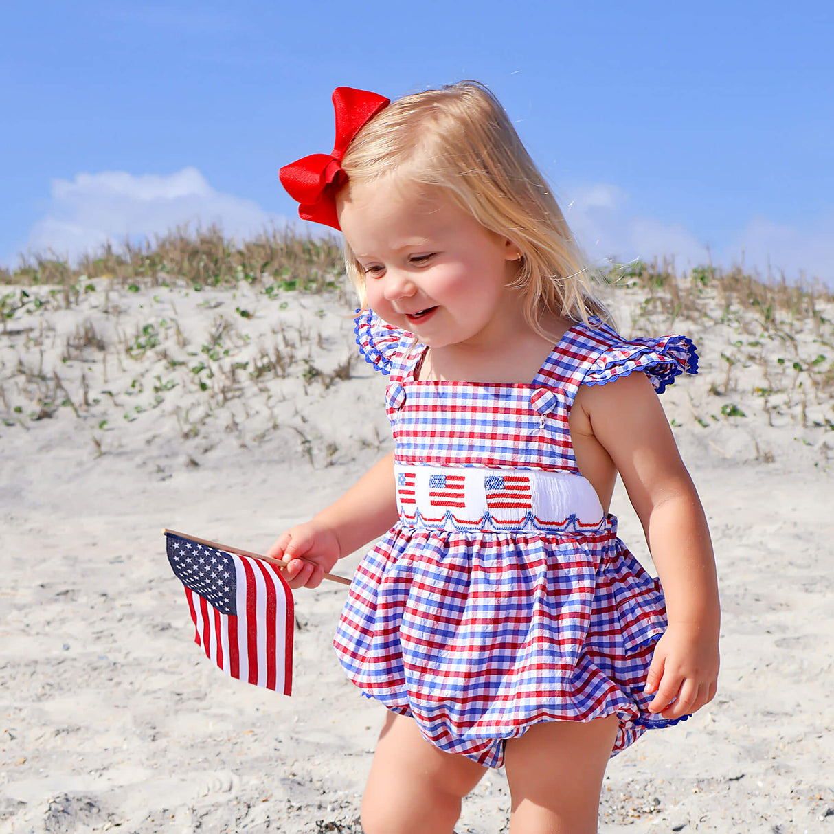 Dazzling Stars Red Plaid Smocked Leah Bubble