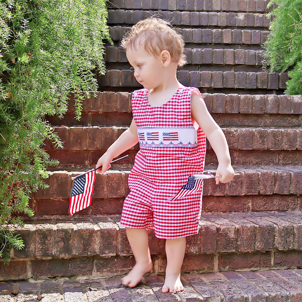 American Flag Smocked Red Gingham Jon Jon