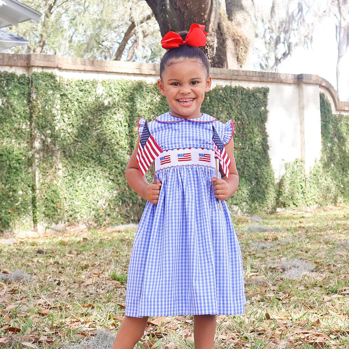 Raise the Flag Blue Gingham Smocked Collared Dress
