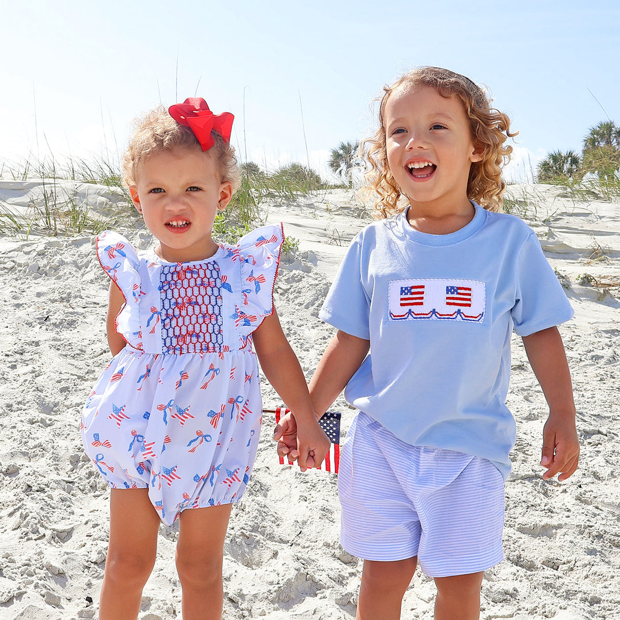Flag Smocked Blue Stripe Seersucker Short Set