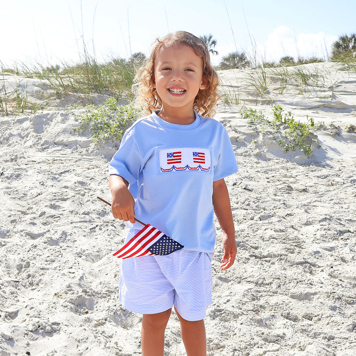 Flag Smocked Blue Stripe Seersucker Short Set