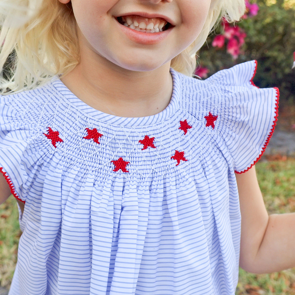 Stars and Stripes Light Blue Smocked Angel Sleeve Dress