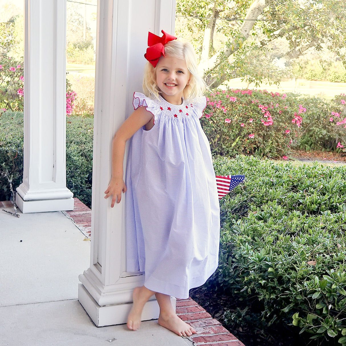 Stars and Stripes Light Blue Smocked Angel Sleeve Dress