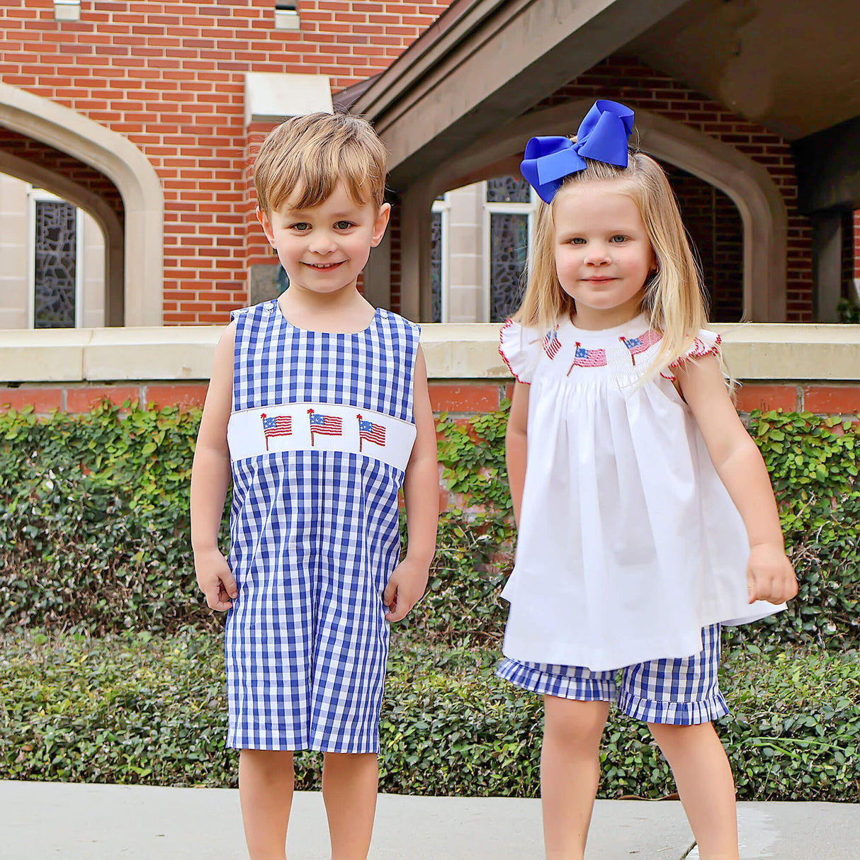 Flag Smocked Royal Check Angel Sleeve Short Set