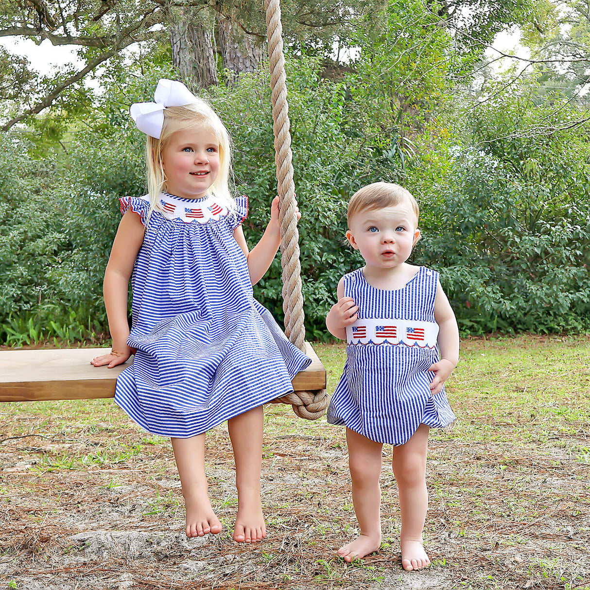 Flag Smocked Navy Stripe Seersucker Dress
