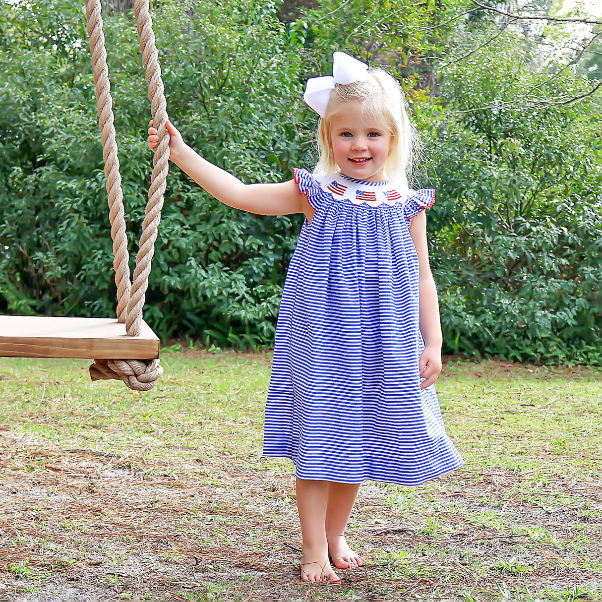 Flag Smocked Navy Stripe Seersucker Dress