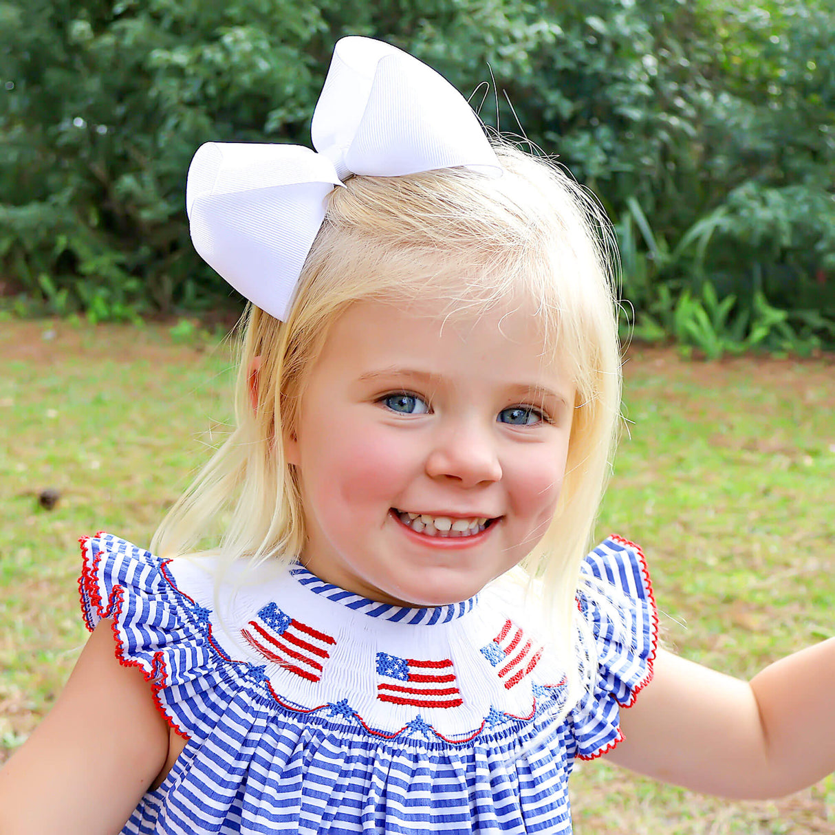Flag Smocked Navy Stripe Seersucker Dress