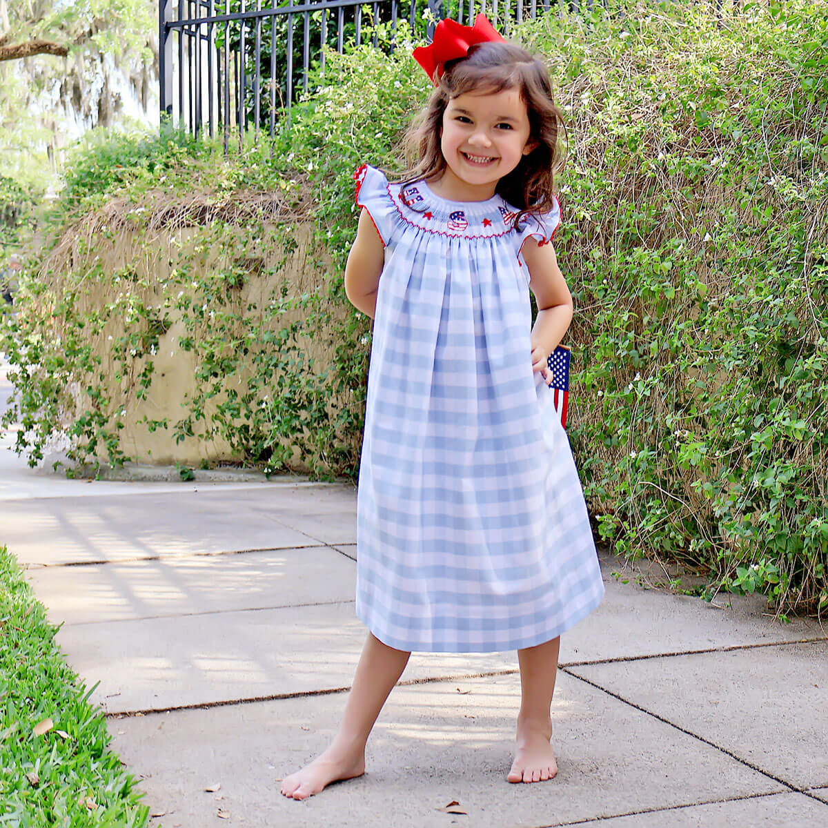 USA Smocked Blue Check Angel Sleeve Dress