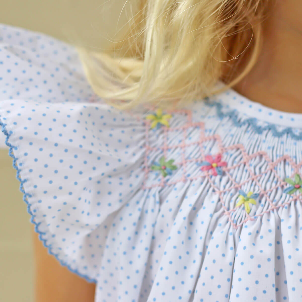 Wild Flowers Smocked Light Blue Polka Dot Bubble