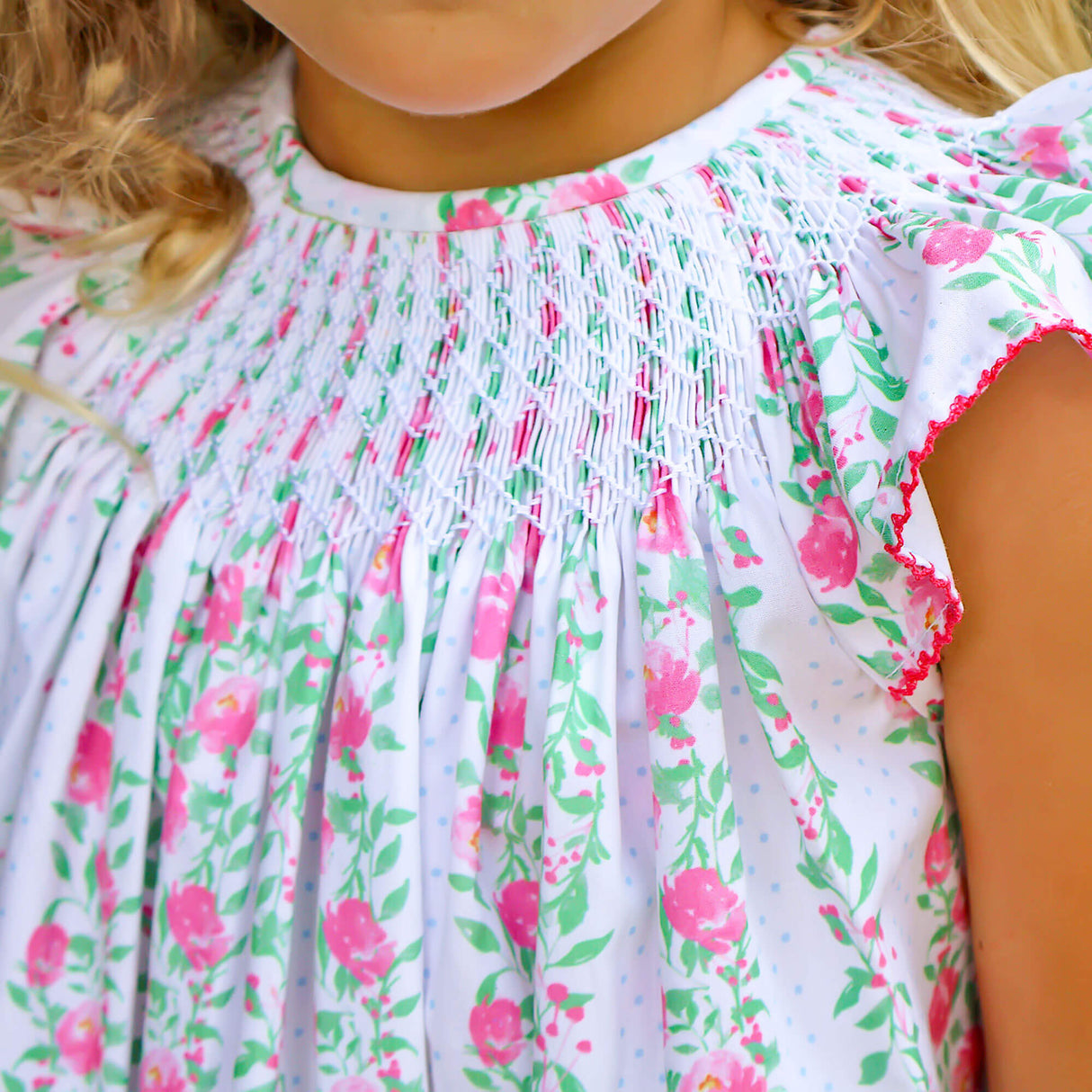 Pink Rose Floral Smocked Angel Sleeve Dress